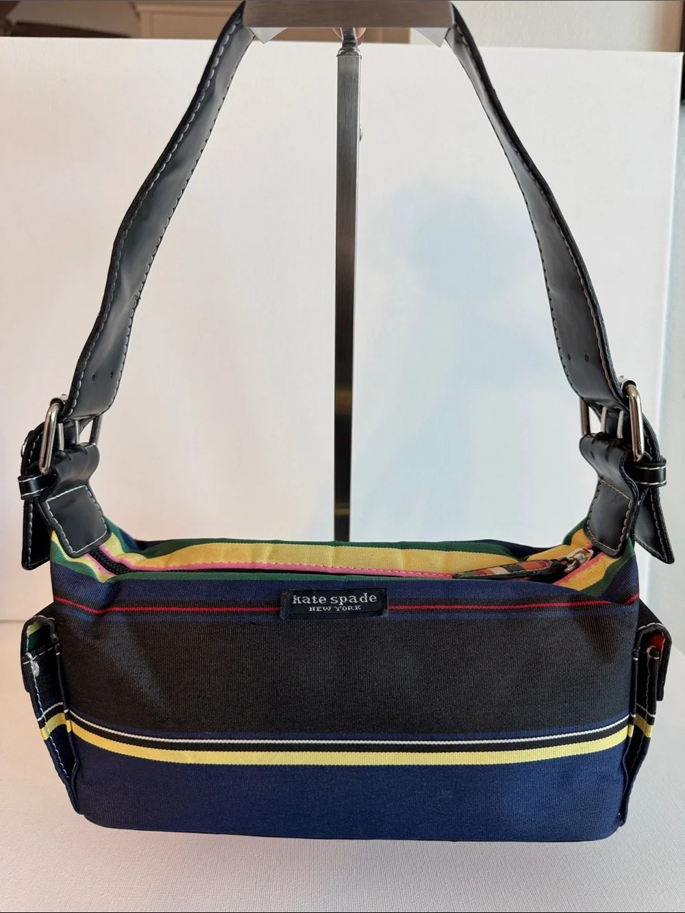 Vintage Kate Spade Striped Nylon Patent Leather Baguette Shoulder Bag Y2K